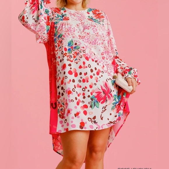 Umgee | NWT Rosie Fushia Floral Animal Print Dot Long Sleeve Tunic Dress - Picture 11 of 12